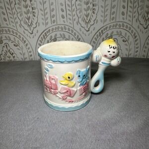 Vintage Baby Rattle Mug Ceramic Child Cup ABC Blocks Elephant Duck Pink Blue